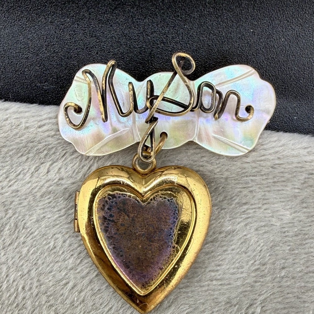 Vintage Estate Locket Brooch Sterling Heart MOP Bow Son 1.75" READ